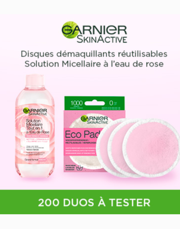 test produits eco pads et eau micellaire à la rose de Garnier